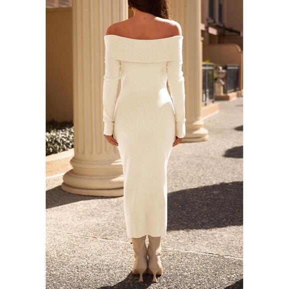 Merokeety Women's Beige Off Shoulder Long Sleeve Elegant Bodycon Dress - Picture 5 of 9